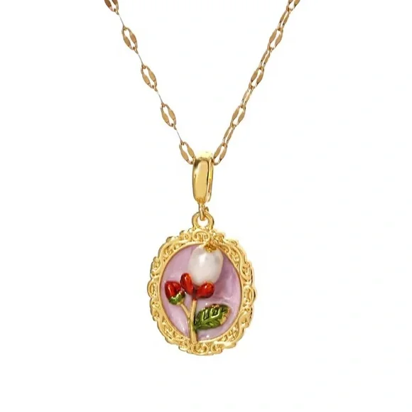 Art Canva Vintage plates stainless steel 
Gold and Red Floral Pendant Necklace - Picture 3 of 6